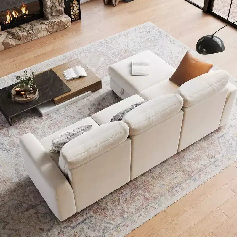 Divano componibile a L/U 108-163, divano Cloud 4-9 posti con contenitore a scomparsa sotto tutti i sedili, divano letto a penisola reversibile in ciniglia