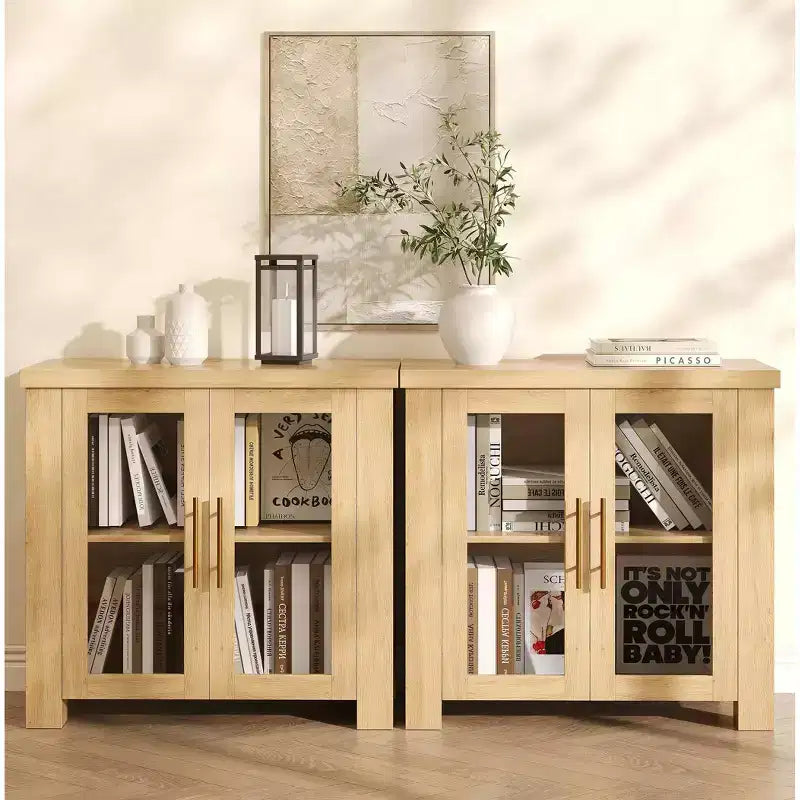 Madia Credenza con Ante in Vetro, Madia Moderna con Contenitore, Tavolo Buffet in Legno per Soggiorno, Sala da Pranzo e Cucina