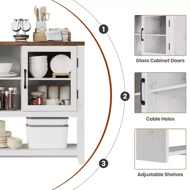 Credenza/Madia da 135 cm con 3 Ripiani e 2 Ante in Vetro - Mobile Contenitore Moderno Stile Metà Secolo per Caffè, Libri o Piatti