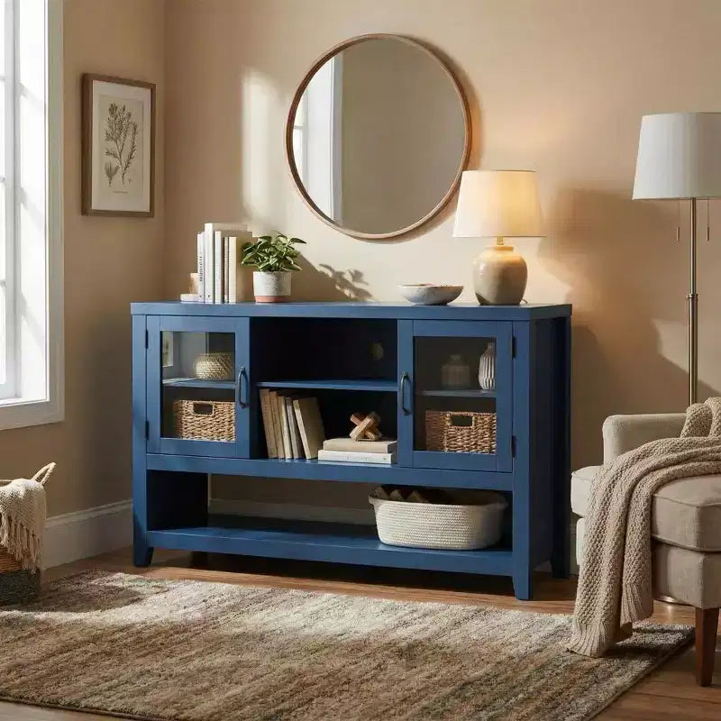 Credenza/Madia da 135 cm con 3 Ripiani e 2 Ante in Vetro - Mobile Contenitore Moderno Stile Metà Secolo per Caffè, Libri o Piatti