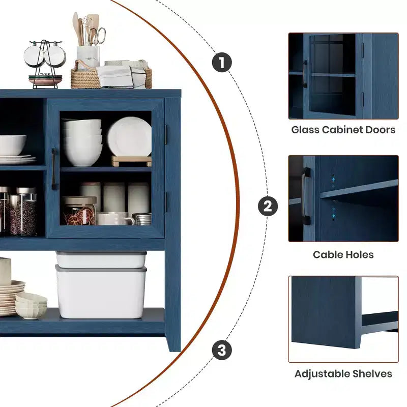 Credenza/Madia da 135 cm con 3 Ripiani e 2 Ante in Vetro - Mobile Contenitore Moderno Stile Metà Secolo per Caffè, Libri o Piatti