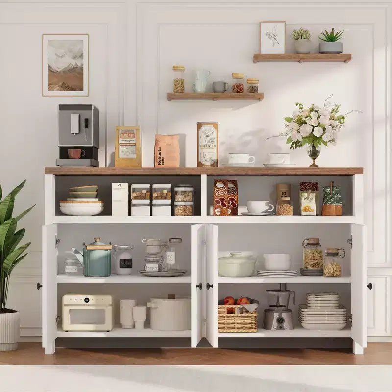 Credenza da cucina a buffet spaziosa da 55", mobile a 4 ante, ripiani regolabili, ampio spazio contenitivo, mobile bar in legno per sala da pranzo