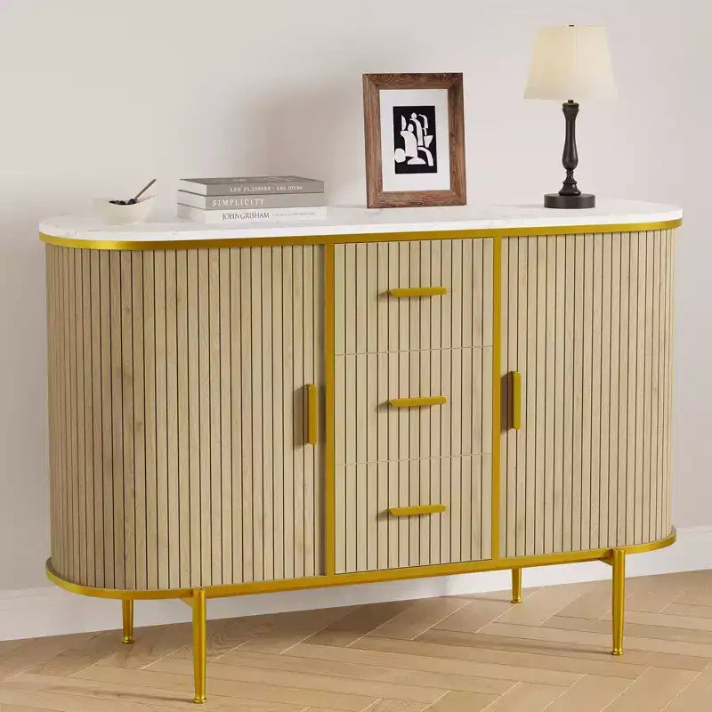 50 Modern Buffet Cabinet with Storage, Mid Century Fluted Accent Coffee Bar Console Table with Faux Marble Top, Curved Profile Sliding Doors