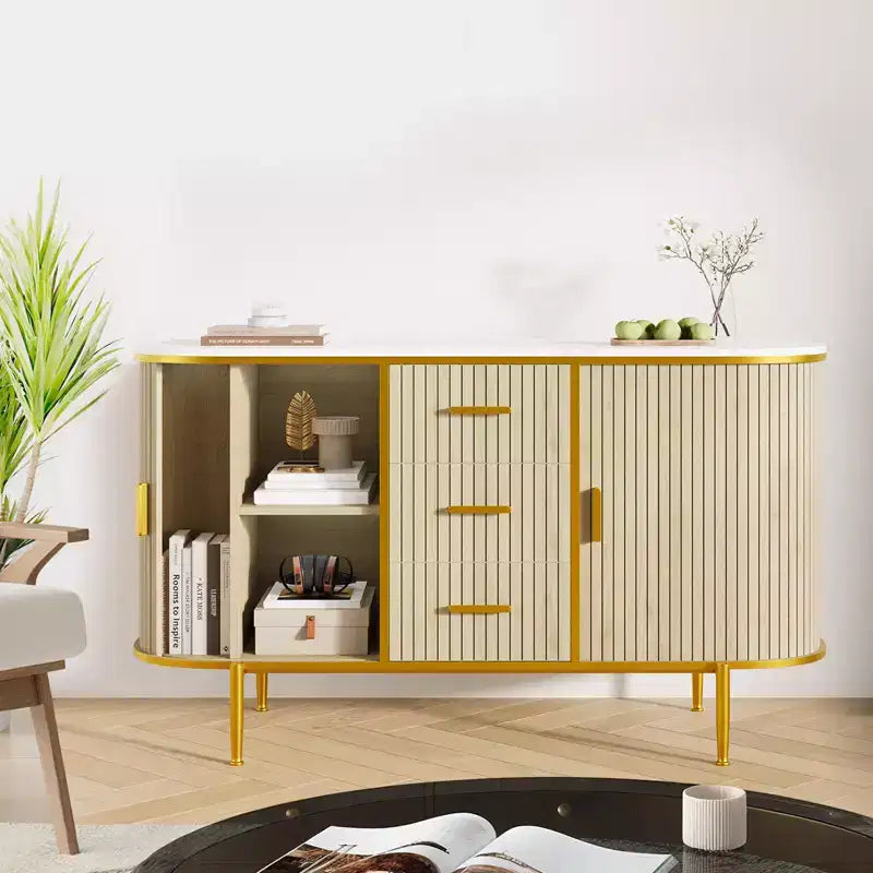 Buffet moderne de 127 cm avec rangement, console de bar à café cannelée de style Mid-Century avec plateau en faux marbre, portes coulissantes au profil incurvé