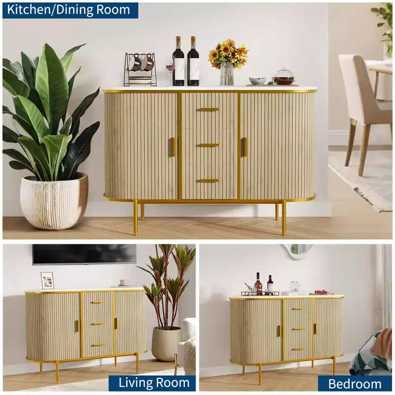 Buffet moderne de 127 cm avec rangement, console de bar à café cannelée de style Mid-Century avec plateau en faux marbre, portes coulissantes au profil incurvé