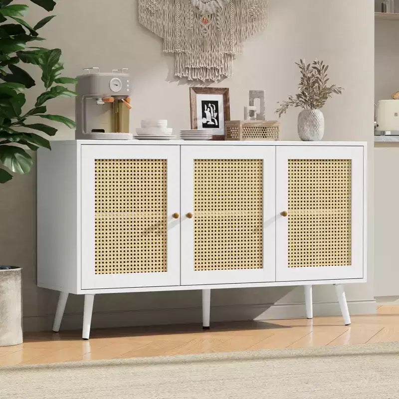 Madia moderna in rattan stile boho - Credenza spaziosa con ripiani regolabili - Soluzione di archiviazione per sala da pranzo, cucina, soggiorno