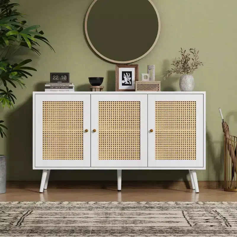 Madia moderna in rattan stile boho - Credenza spaziosa con ripiani regolabili - Soluzione di archiviazione per sala da pranzo, cucina, soggiorno