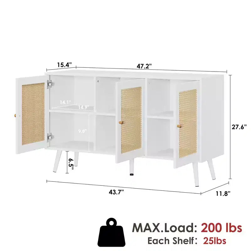 Madia moderna in rattan stile boho - Credenza spaziosa con ripiani regolabili - Soluzione di archiviazione per sala da pranzo, cucina, soggiorno