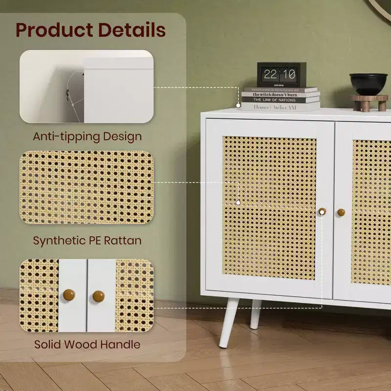 Madia moderna in rattan stile boho - Credenza spaziosa con ripiani regolabili - Soluzione di archiviazione per sala da pranzo, cucina, soggiorno