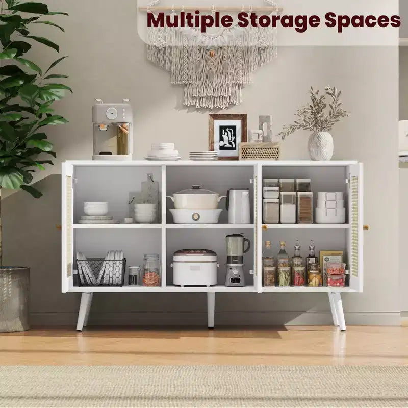 Madia moderna in rattan stile boho - Credenza spaziosa con ripiani regolabili - Soluzione di archiviazione per sala da pranzo, cucina, soggiorno