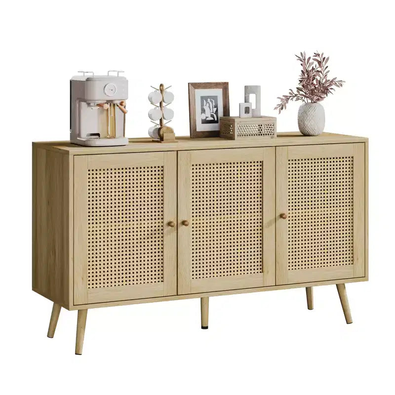 Madia moderna in rattan stile boho - Credenza spaziosa con ripiani regolabili - Soluzione di archiviazione per sala da pranzo, cucina, soggiorno