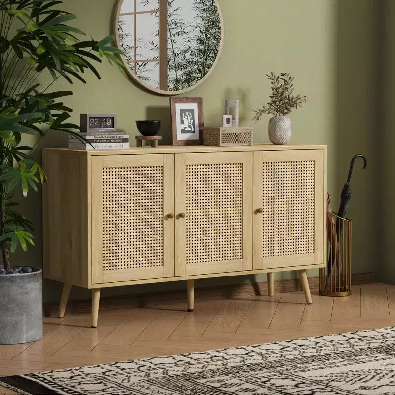 Madia moderna in rattan stile boho - Credenza spaziosa con ripiani regolabili - Soluzione di archiviazione per sala da pranzo, cucina, soggiorno