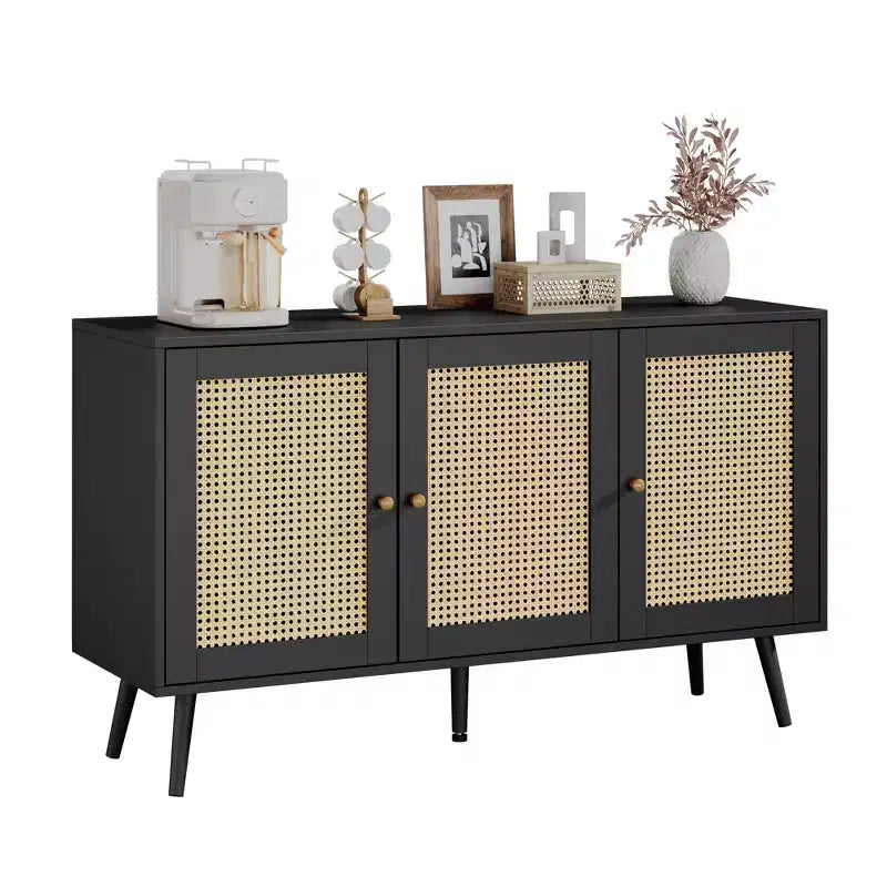 Madia moderna in rattan stile boho - Credenza spaziosa con ripiani regolabili - Soluzione di archiviazione per sala da pranzo, cucina, soggiorno