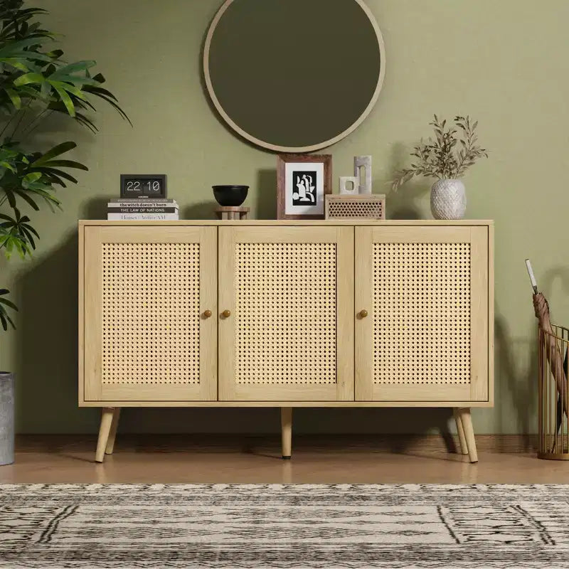 Madia moderna in rattan stile boho - Credenza spaziosa con ripiani regolabili - Soluzione di archiviazione per sala da pranzo, cucina, soggiorno