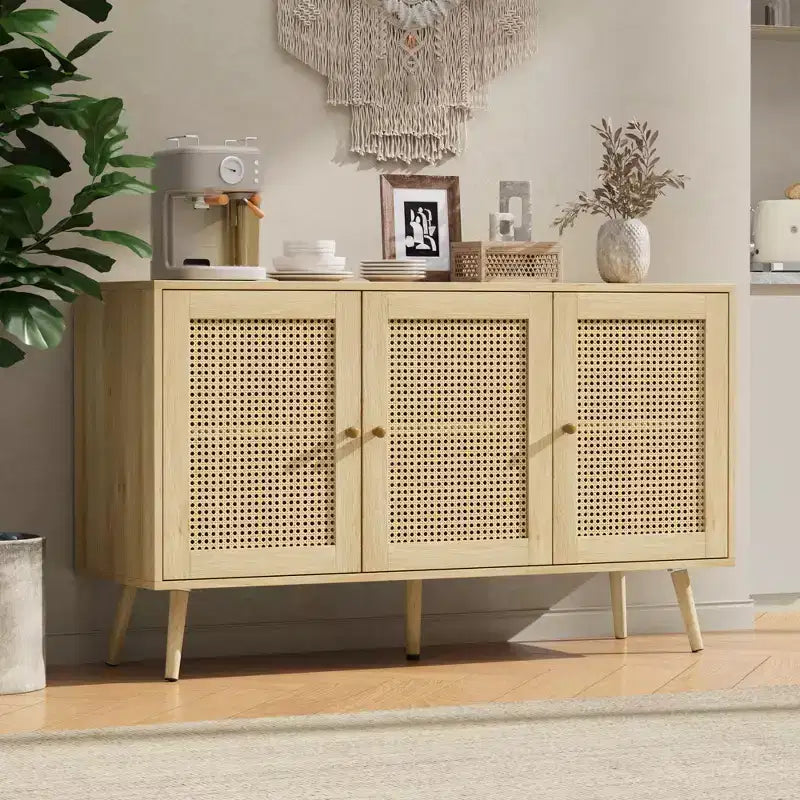 Madia moderna in rattan stile boho - Credenza spaziosa con ripiani regolabili - Soluzione di archiviazione per sala da pranzo, cucina, soggiorno