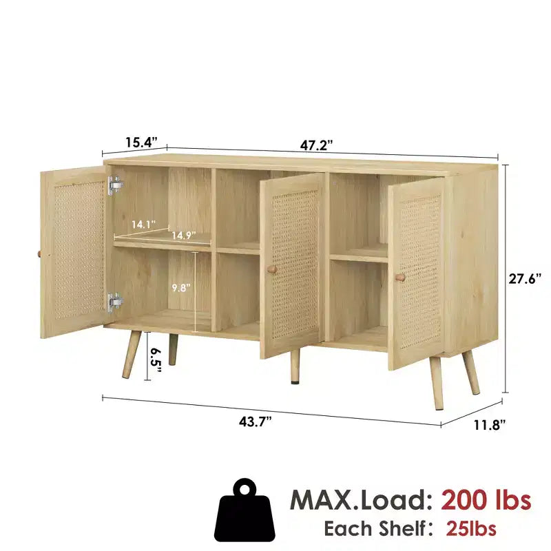 Madia moderna in rattan stile boho - Credenza spaziosa con ripiani regolabili - Soluzione di archiviazione per sala da pranzo, cucina, soggiorno