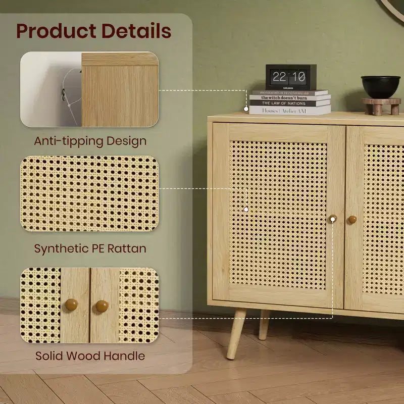 Madia moderna in rattan stile boho - Credenza spaziosa con ripiani regolabili - Soluzione di archiviazione per sala da pranzo, cucina, soggiorno