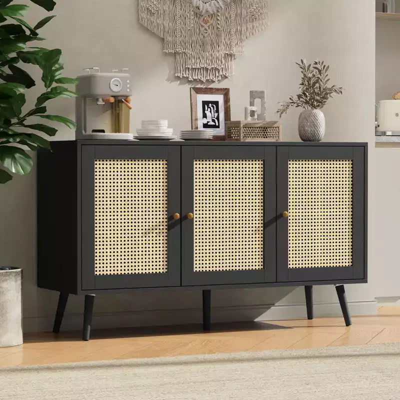 Madia moderna in rattan stile boho - Credenza spaziosa con ripiani regolabili - Soluzione di archiviazione per sala da pranzo, cucina, soggiorno