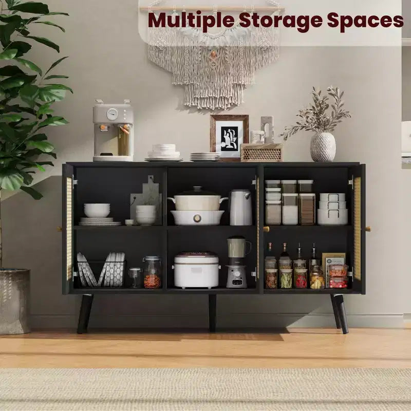 Madia moderna in rattan stile boho - Credenza spaziosa con ripiani regolabili - Soluzione di archiviazione per sala da pranzo, cucina, soggiorno