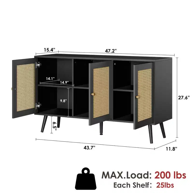 Madia moderna in rattan stile boho - Credenza spaziosa con ripiani regolabili - Soluzione di archiviazione per sala da pranzo, cucina, soggiorno