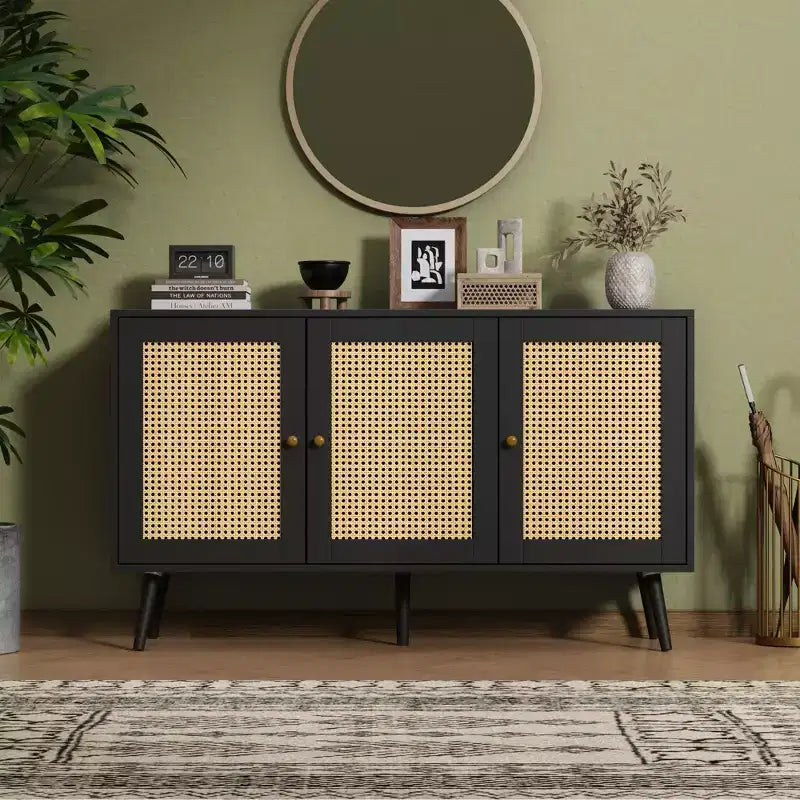 Madia moderna in rattan stile boho - Credenza spaziosa con ripiani regolabili - Soluzione di archiviazione per sala da pranzo, cucina, soggiorno