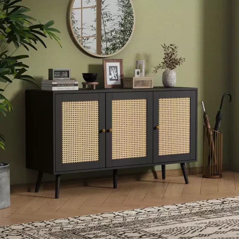 Madia moderna in rattan stile boho - Credenza spaziosa con ripiani regolabili - Soluzione di archiviazione per sala da pranzo, cucina, soggiorno