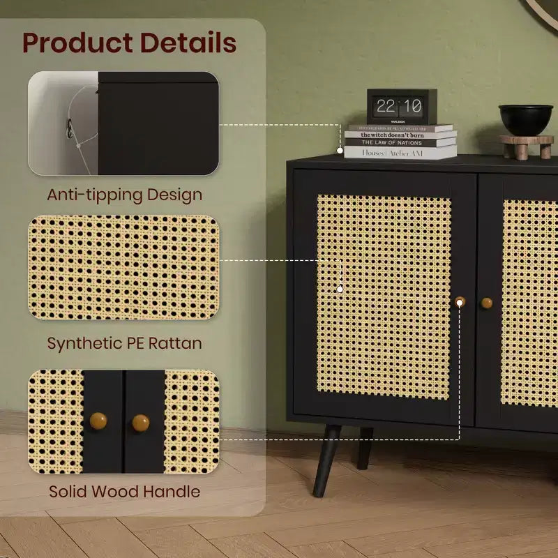 Madia moderna in rattan stile boho - Credenza spaziosa con ripiani regolabili - Soluzione di archiviazione per sala da pranzo, cucina, soggiorno