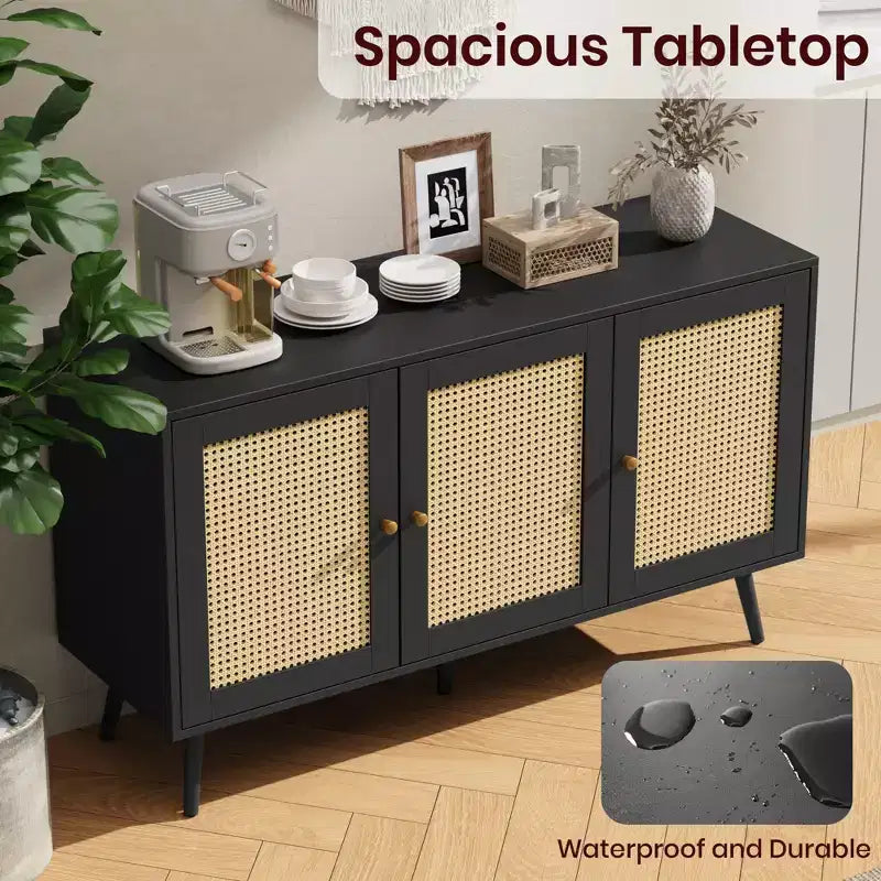 Modern Boho Rattan Sideboard Buffet Cabinet  Spacious Credenza with Adjustable Shelves  Storage Solution for Dining Room, Kitchen, Living Room