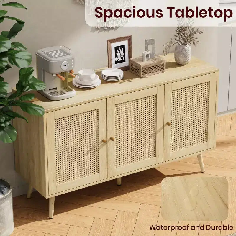 Bahut buffet moderne en rotin style bohème - Grande crédence avec étagères réglables - Solution de rangement pour salle à manger, cuisine, salon