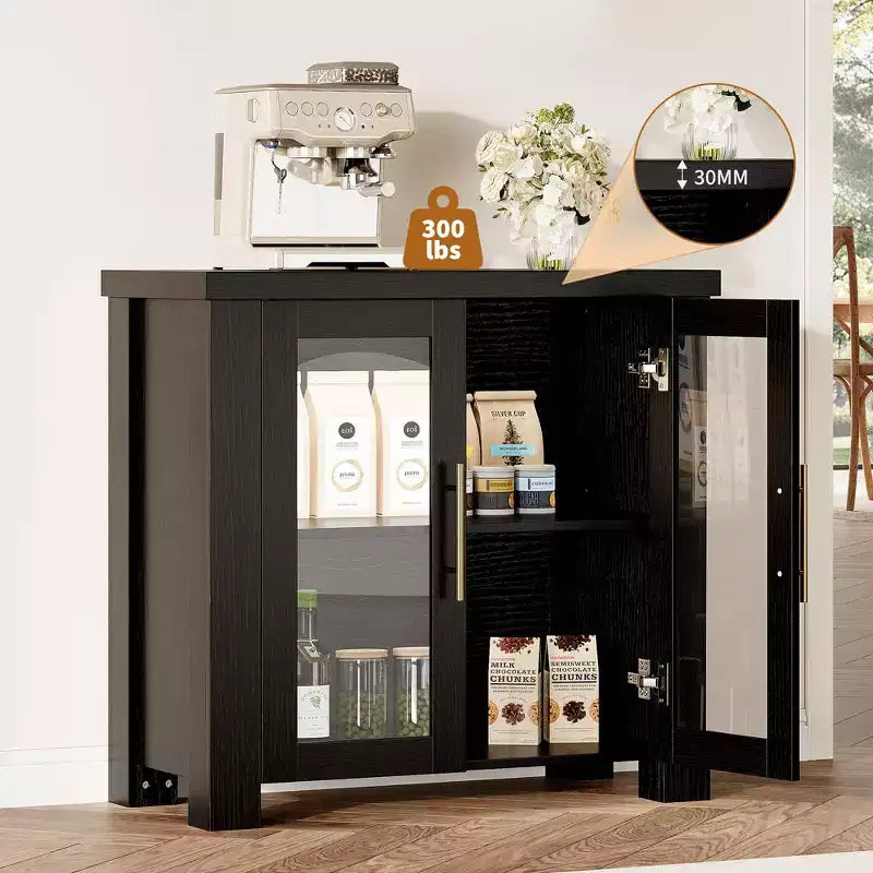 COZONY Mobile Buffet con Ante in Vetro Temperato, Credenza Contenitore in Legno per Sala da Pranzo, Soggiorno, Cucina