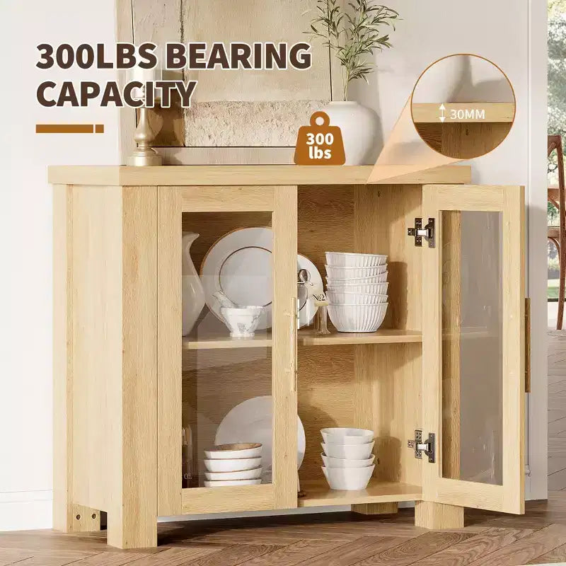 COZONY Mobile Buffet con Ante in Vetro Temperato, Credenza Contenitore in Legno per Sala da Pranzo, Soggiorno, Cucina
