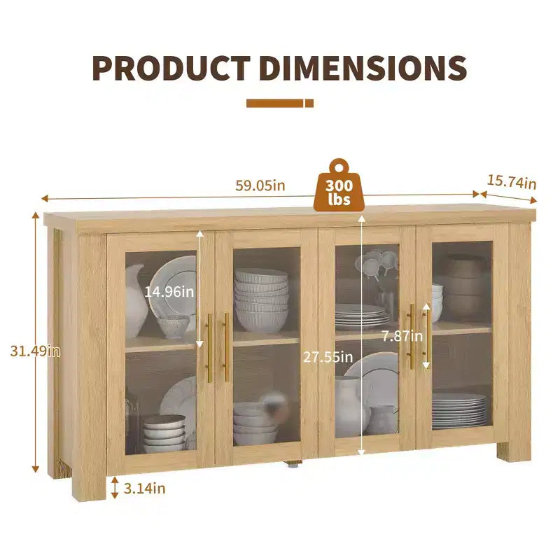 COZONY Mobile Buffet con Ante in Vetro Temperato, Credenza Contenitore in Legno per Sala da Pranzo, Soggiorno, Cucina