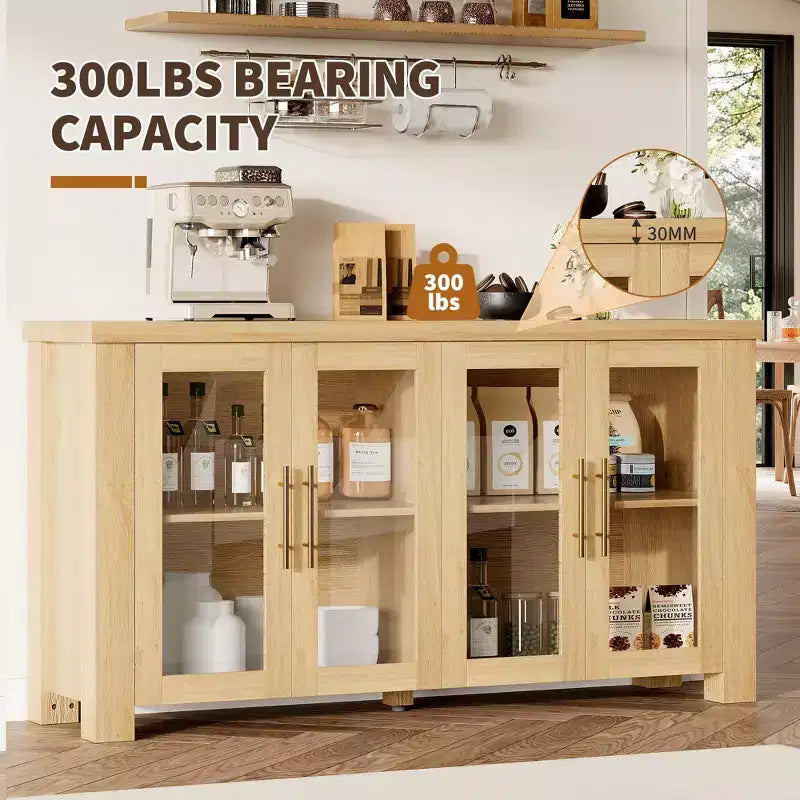 COZONY Mobile Buffet con Ante in Vetro Temperato, Credenza Contenitore in Legno per Sala da Pranzo, Soggiorno, Cucina