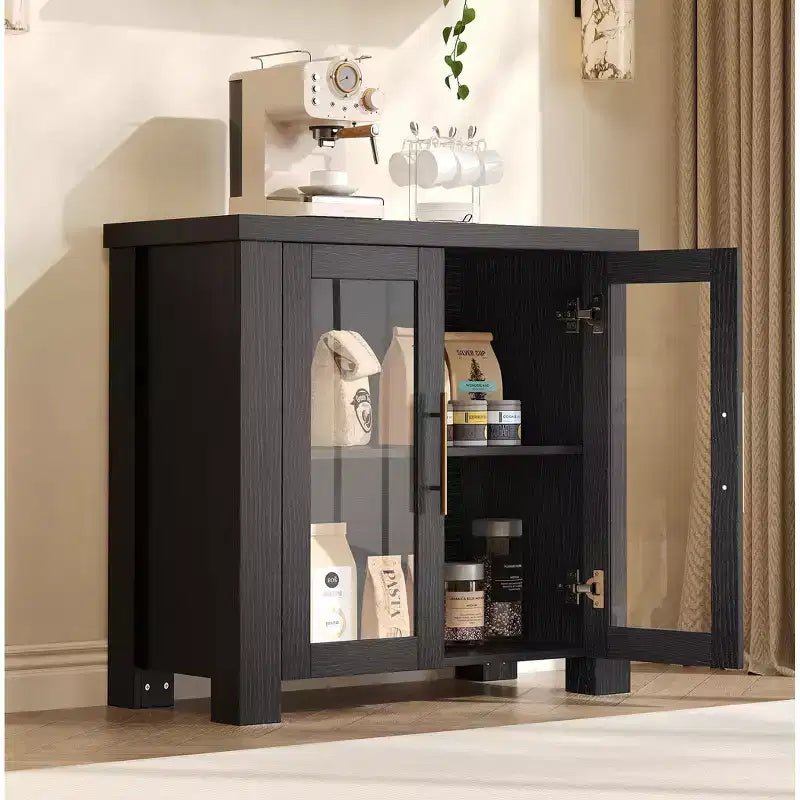 COZONY Mobile Buffet con Ante in Vetro Temperato, Credenza Contenitore in Legno per Sala da Pranzo, Soggiorno, Cucina