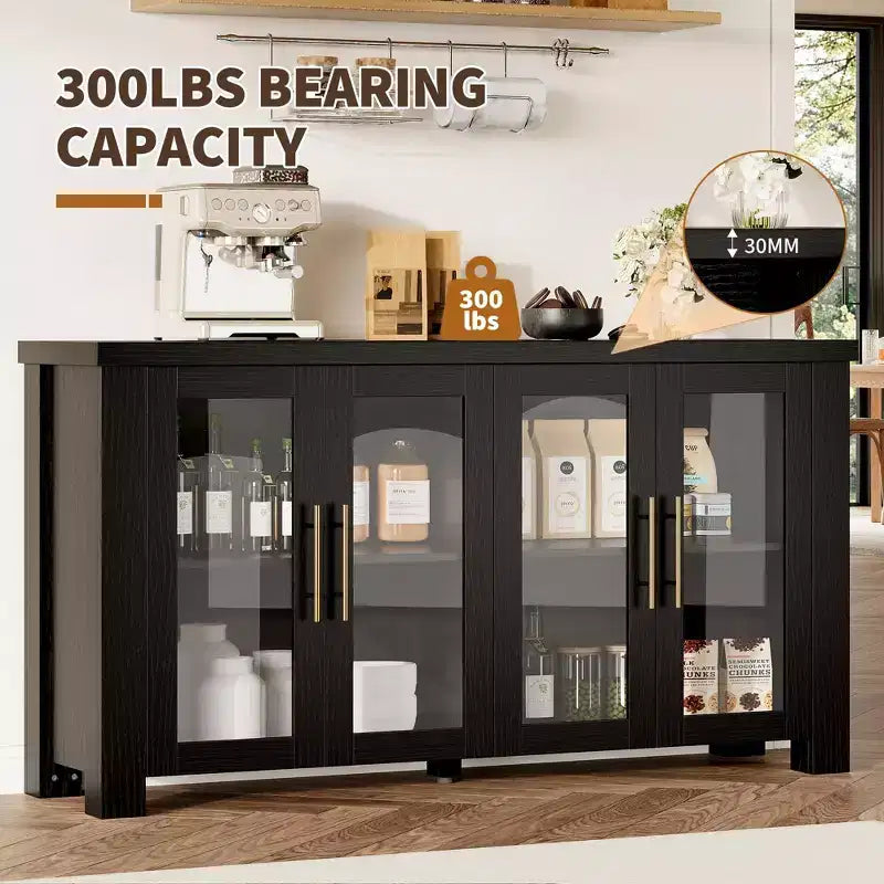COZONY Mobile Buffet con Ante in Vetro Temperato, Credenza Contenitore in Legno per Sala da Pranzo, Soggiorno, Cucina