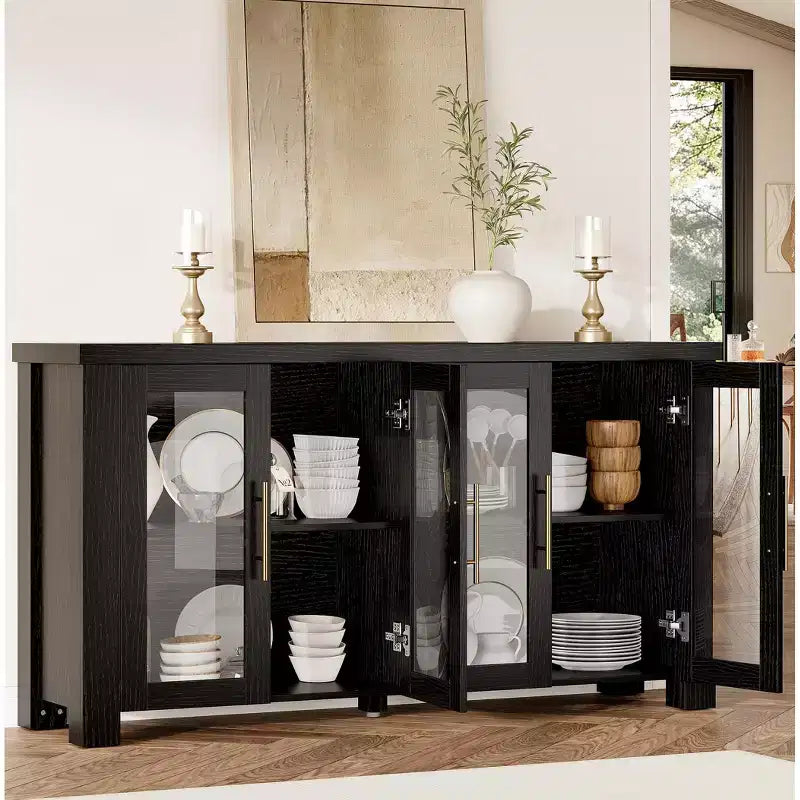 COZONY Mobile Buffet con Ante in Vetro Temperato, Credenza Contenitore in Legno per Sala da Pranzo, Soggiorno, Cucina