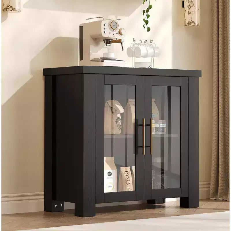COZONY Mobile Buffet con Ante in Vetro Temperato, Credenza Contenitore in Legno per Sala da Pranzo, Soggiorno, Cucina