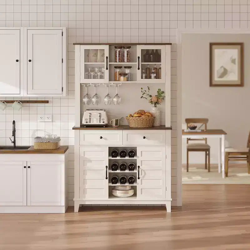 Bahut de Rangement Polyvalent Style Campagne, 2 Portes Vitrées, 2 Tiroirs avec Porte-Verres, Parfait pour la Cuisine, la Salle à Manger et le Salon