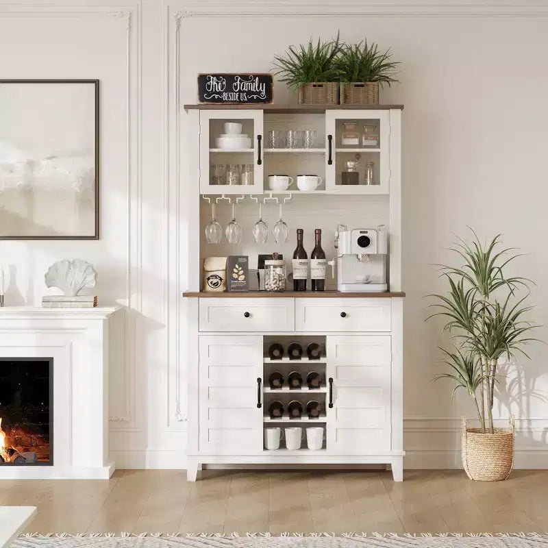 Bahut de Rangement Polyvalent Style Campagne, 2 Portes Vitrées, 2 Tiroirs avec Porte-Verres, Parfait pour la Cuisine, la Salle à Manger et le Salon
