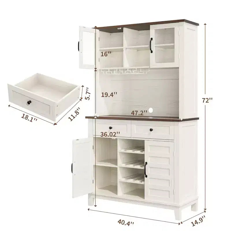 Bahut de Rangement Polyvalent Style Campagne, 2 Portes Vitrées, 2 Tiroirs avec Porte-Verres, Parfait pour la Cuisine, la Salle à Manger et le Salon
