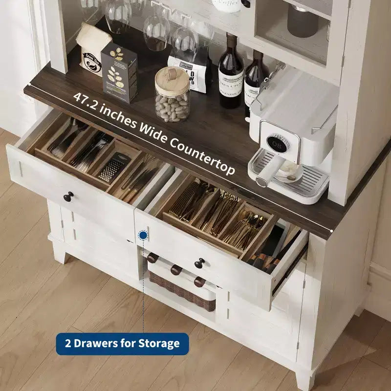 Bahut de Rangement Polyvalent Style Campagne, 2 Portes Vitrées, 2 Tiroirs avec Porte-Verres, Parfait pour la Cuisine, la Salle à Manger et le Salon