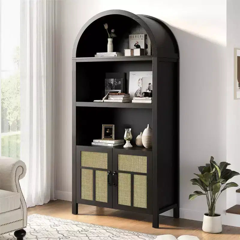 Meuble de rangement en rotin arqué 70, buffet bohème avec étagères réglables, grand meuble de cellier, noir