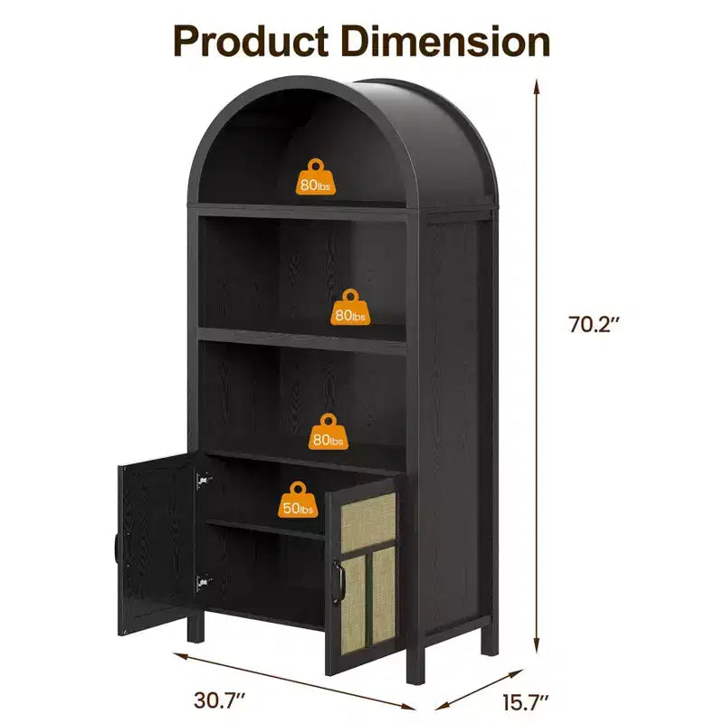 Meuble de rangement en rotin arqué 70, buffet bohème avec étagères réglables, grand meuble de cellier, noir