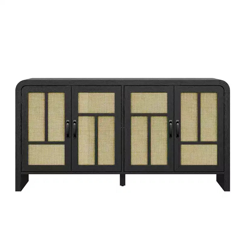 59 Mobile Buffet Nero in Rattan con 4 Ante, Credenza Boho con Ripiani Regolabili, Accento in Legno per Sala da Pranzo e Soggiorno