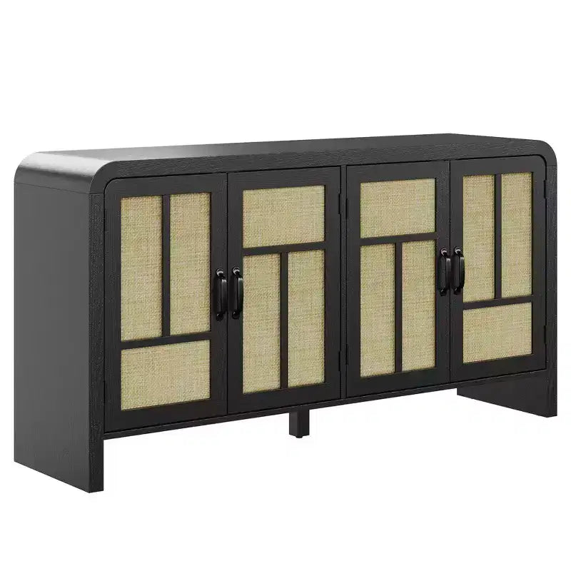59 Mobile Buffet Nero in Rattan con 4 Ante, Credenza Boho con Ripiani Regolabili, Accento in Legno per Sala da Pranzo e Soggiorno