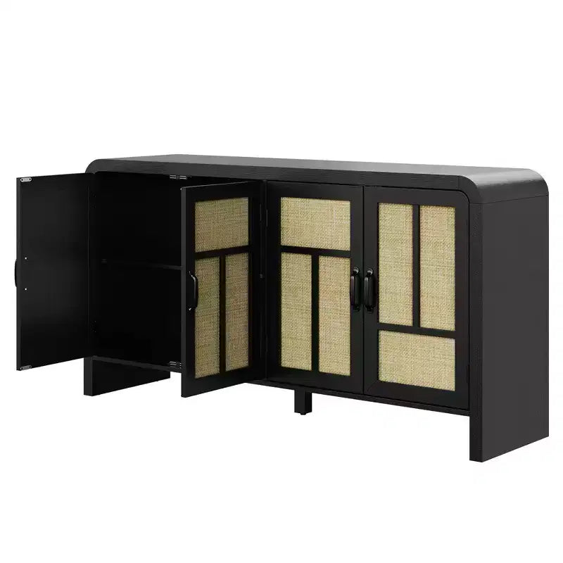 59 Mobile Buffet Nero in Rattan con 4 Ante, Credenza Boho con Ripiani Regolabili, Accento in Legno per Sala da Pranzo e Soggiorno
