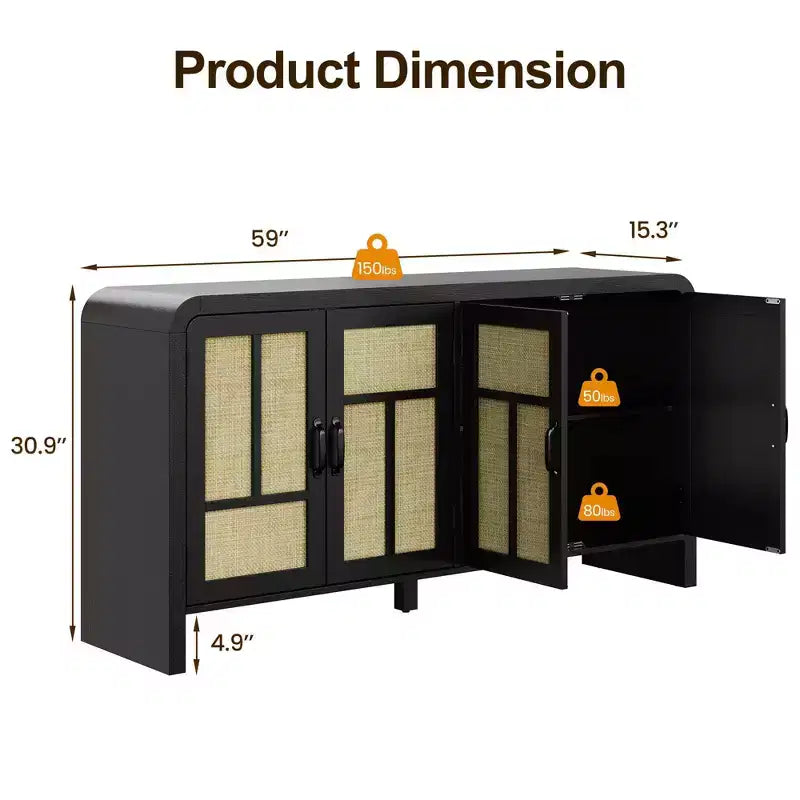 59 Mobile Buffet Nero in Rattan con 4 Ante, Credenza Boho con Ripiani Regolabili, Accento in Legno per Sala da Pranzo e Soggiorno