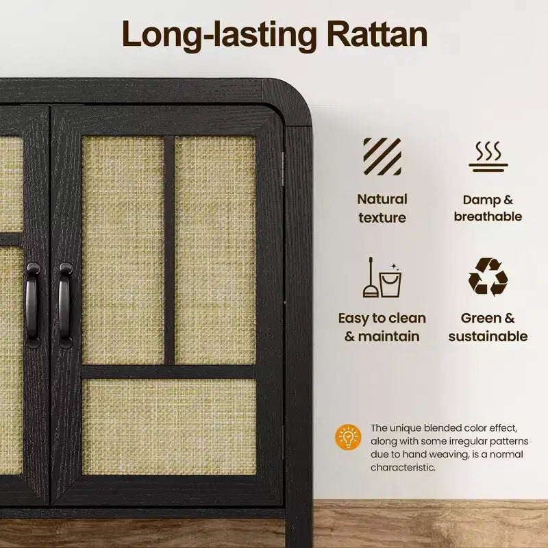 59 Mobile Buffet Nero in Rattan con 4 Ante, Credenza Boho con Ripiani Regolabili, Accento in Legno per Sala da Pranzo e Soggiorno