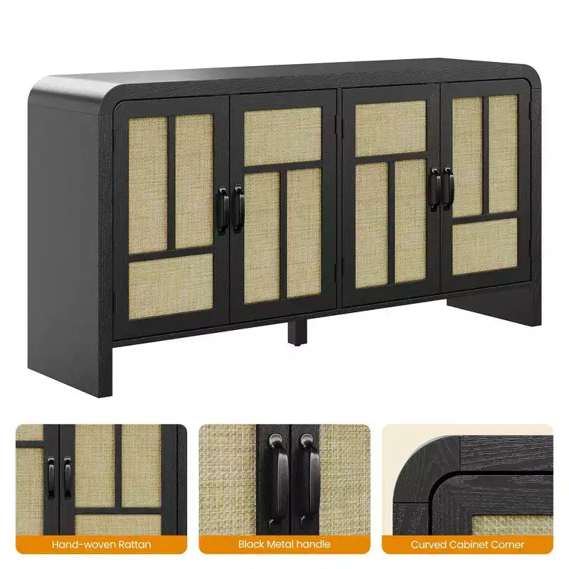 59 Mobile Buffet Nero in Rattan con 4 Ante, Credenza Boho con Ripiani Regolabili, Accento in Legno per Sala da Pranzo e Soggiorno