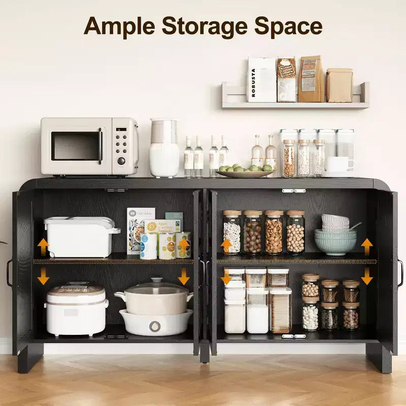 59 Mobile Buffet Nero in Rattan con 4 Ante, Credenza Boho con Ripiani Regolabili, Accento in Legno per Sala da Pranzo e Soggiorno